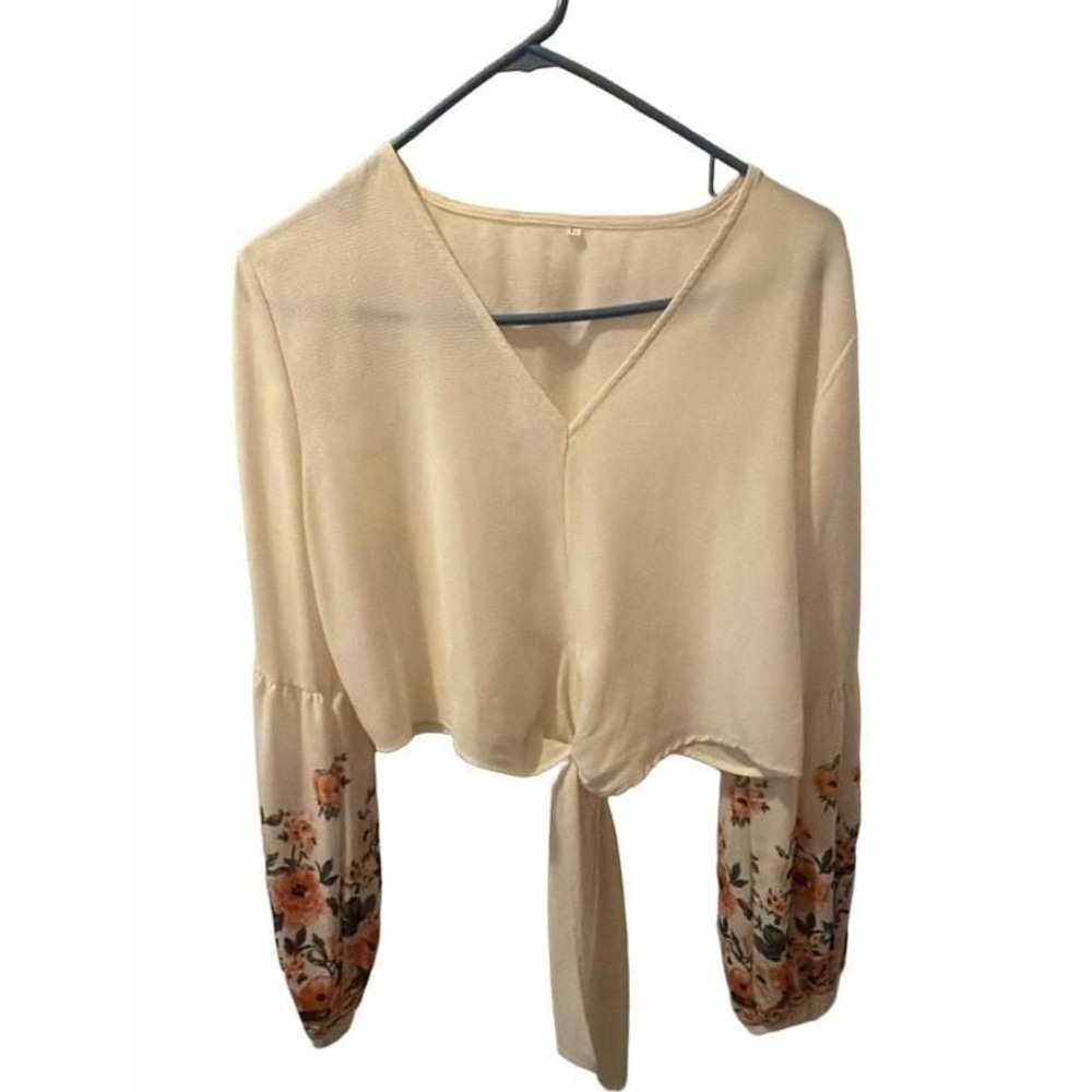 SHEIN Floral Chiffon Self-Tie Crop Top Cream Long Lantern Sleeve V-Neck Size L